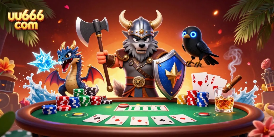Win big with uu666 com in a vibrant 3D casino scene featuring Viking, dragon, and poker