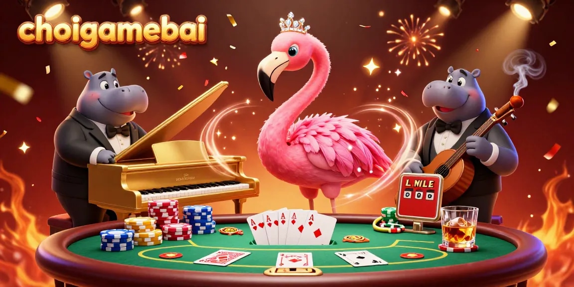 Engage with choigamebai at a vibrant 3D casino party featuring flamingo singer and hippo bassist.