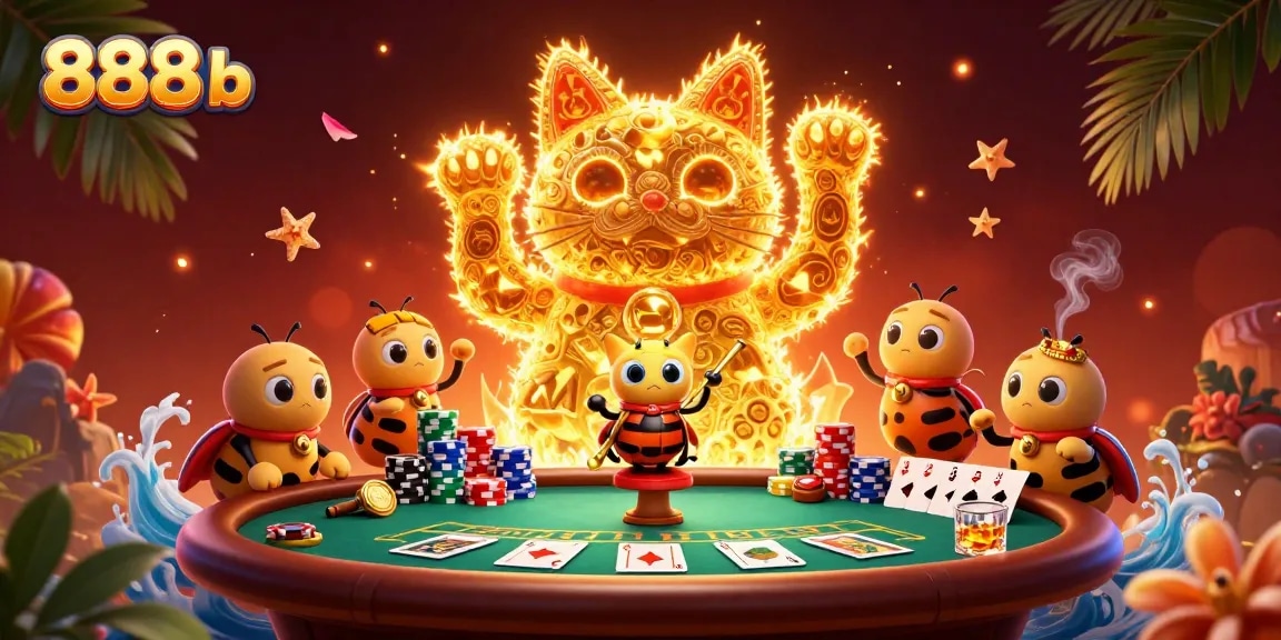 Engage with the vibrant 888b casino experience featuring a lucky cat and poker action.