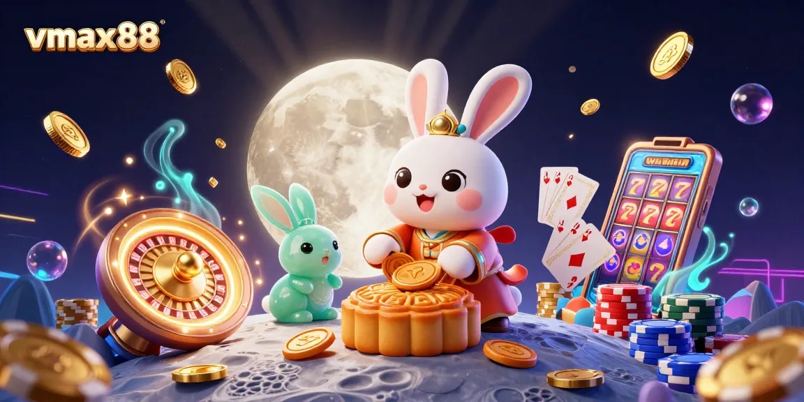Join the moon rabbit at vmax88 as it reveals poker chips amidst a dazzling casino scene.