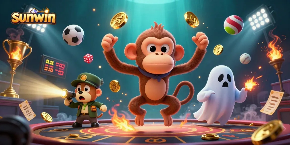 Experience thrilling gameplay at sunwin with a mischievous monkey and curious puppy in an engaging casino scene.