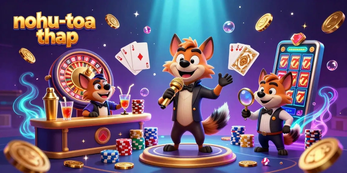 Engage in exciting antics at nohu-toa-thap casino with hyenas enjoying a vibrant comedy night amid golden coins and gems.