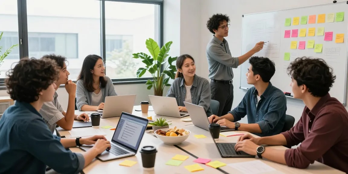 Entrepreneurs collaborating over the best payment gateway for business startup in a vibrant co-working space.