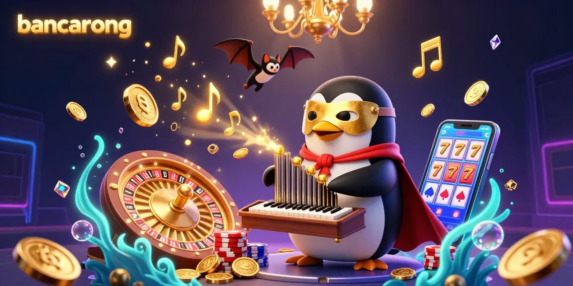 Experience bancarong excitement with a 3D cartoon penguin at a dynamic casino scene, featuring vibrant game elements.