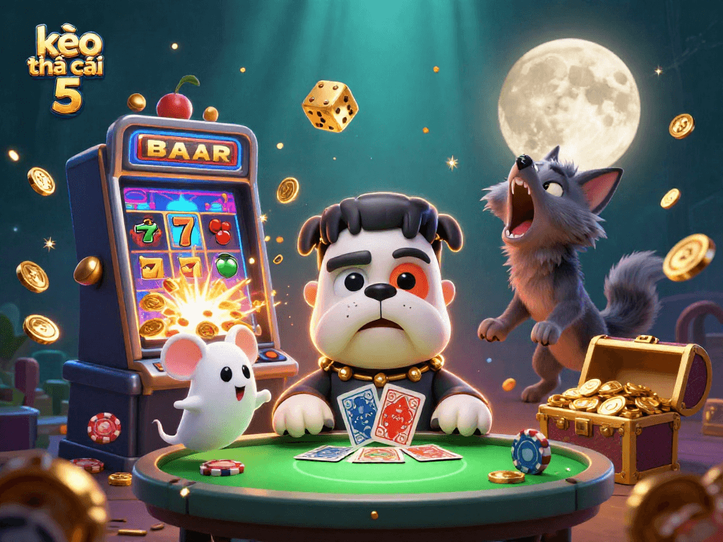 Experience thrilling bets at kèo nhà cái 5 with vibrant casino scenes and whimsical characters.