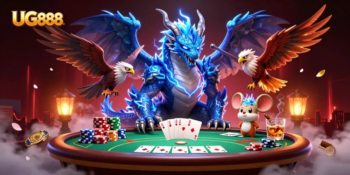 Engage in the thrilling world of UG888 with electrifying casino action featuring a poker showdown.