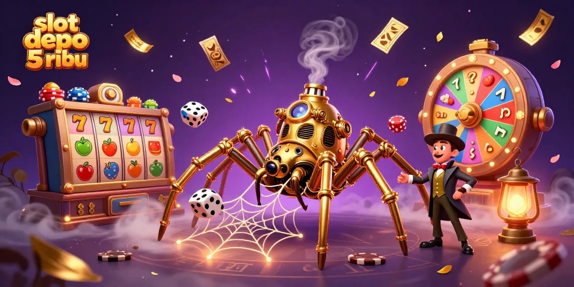 Spin and win with exciting slot depo 5 ribu reels in a playful, colorful 3D casino scene.