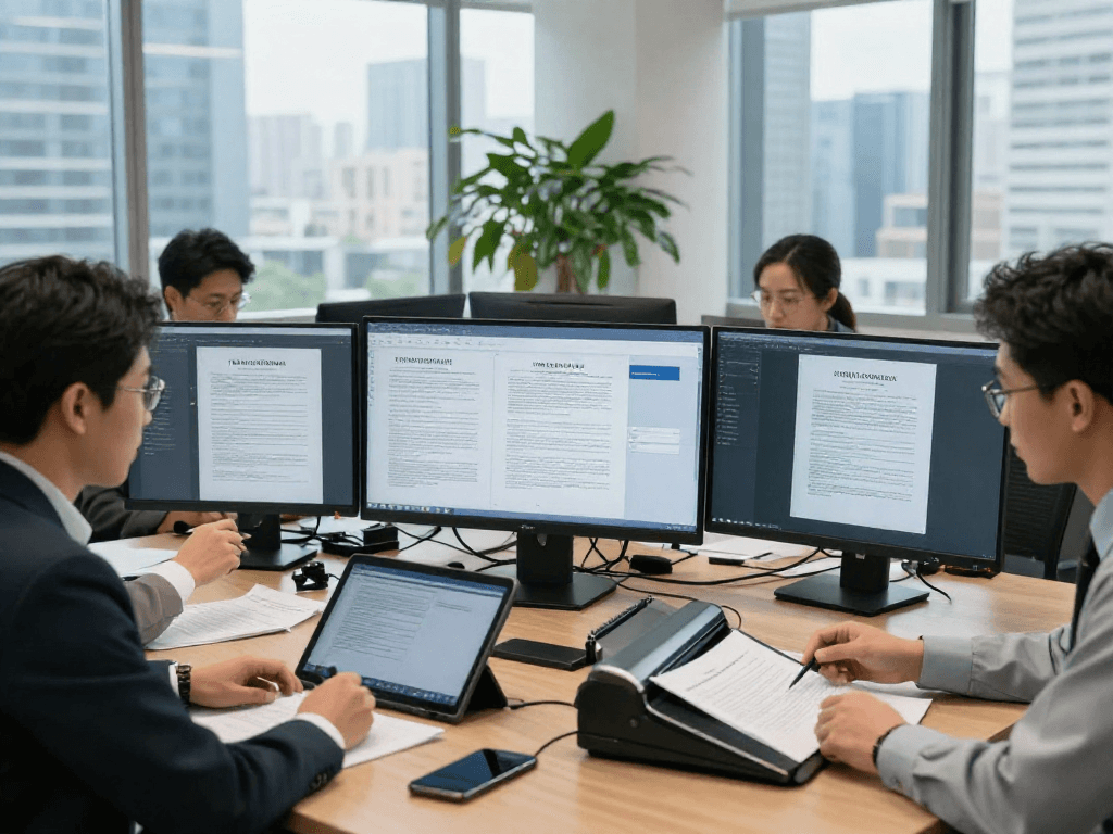 Professional investigator analyzing document fraud detection in a modern office with advanced technology and collaborative atmosphere.