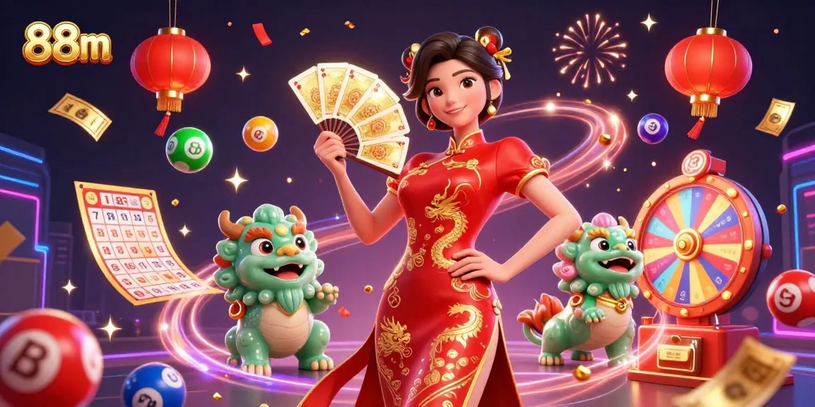 Win with 88m's colorful lottery balls and elegant casino elements in a vibrant celebration.