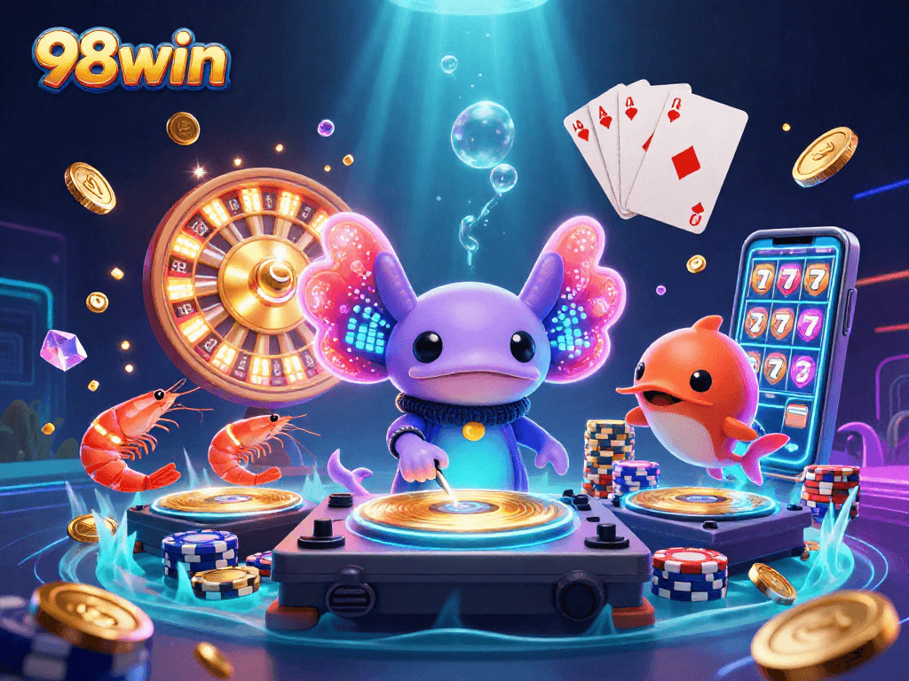 Experience vibrant casino excitement with 98win's underwater party featuring neon characters and shimmering games.