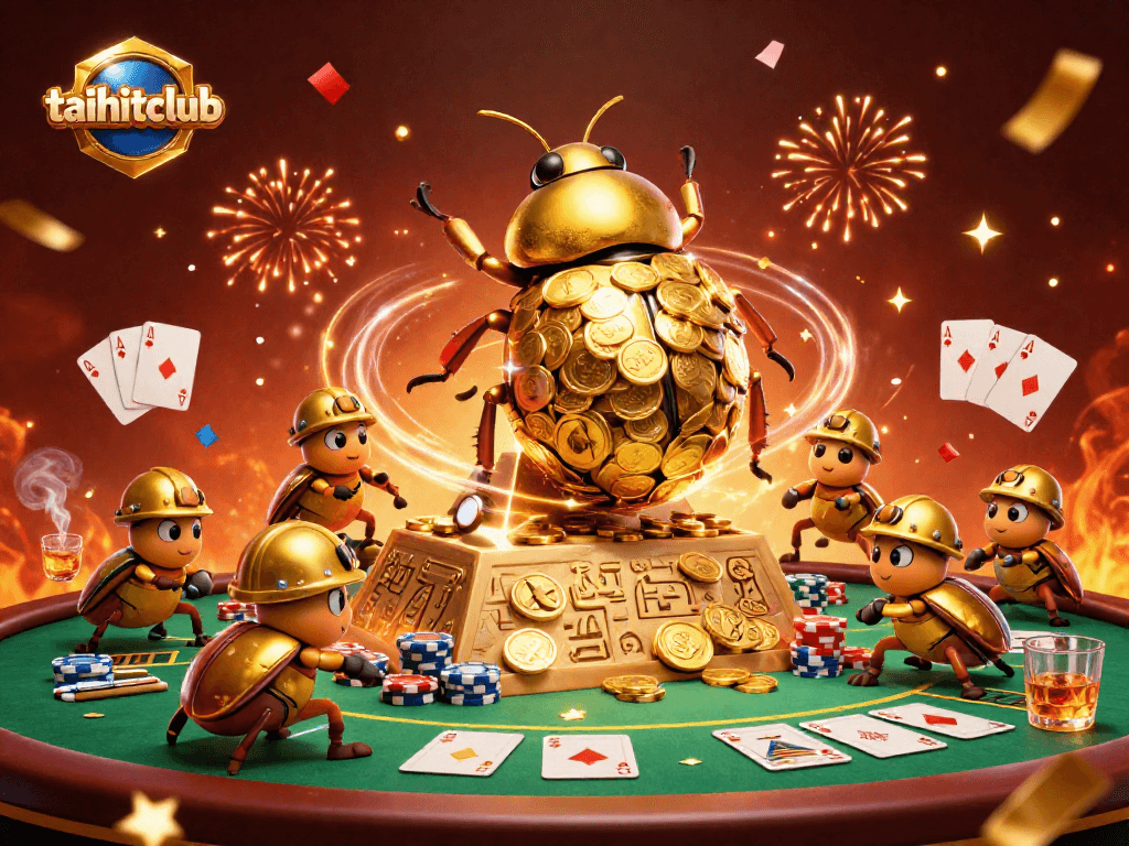 Engage with exciting games at taihitclub, featuring a golden dung beetle rolling a coin ball amidst colorful casino elements.