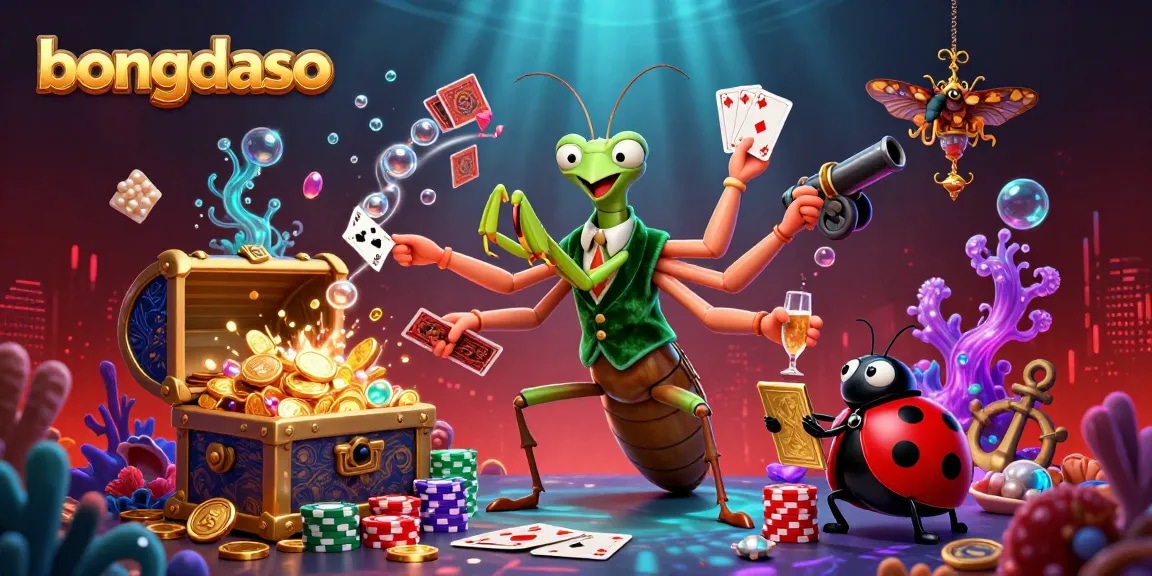 Bongdaso engages players with a vibrant casino scene featuring a giant mantis card sharp and ladybug pit boss amidst golden treasures.