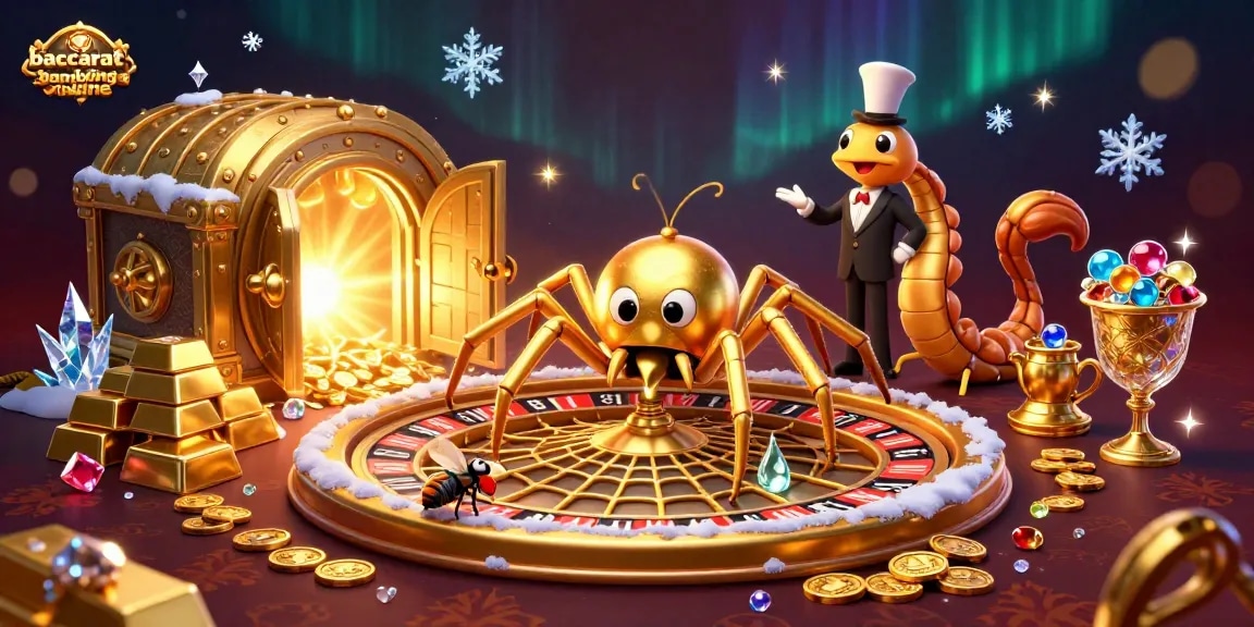 Baccarat-gambling-online illustrates a golden spider spin a web roulette as a fly nervously bets in a vibrant casino scene.
