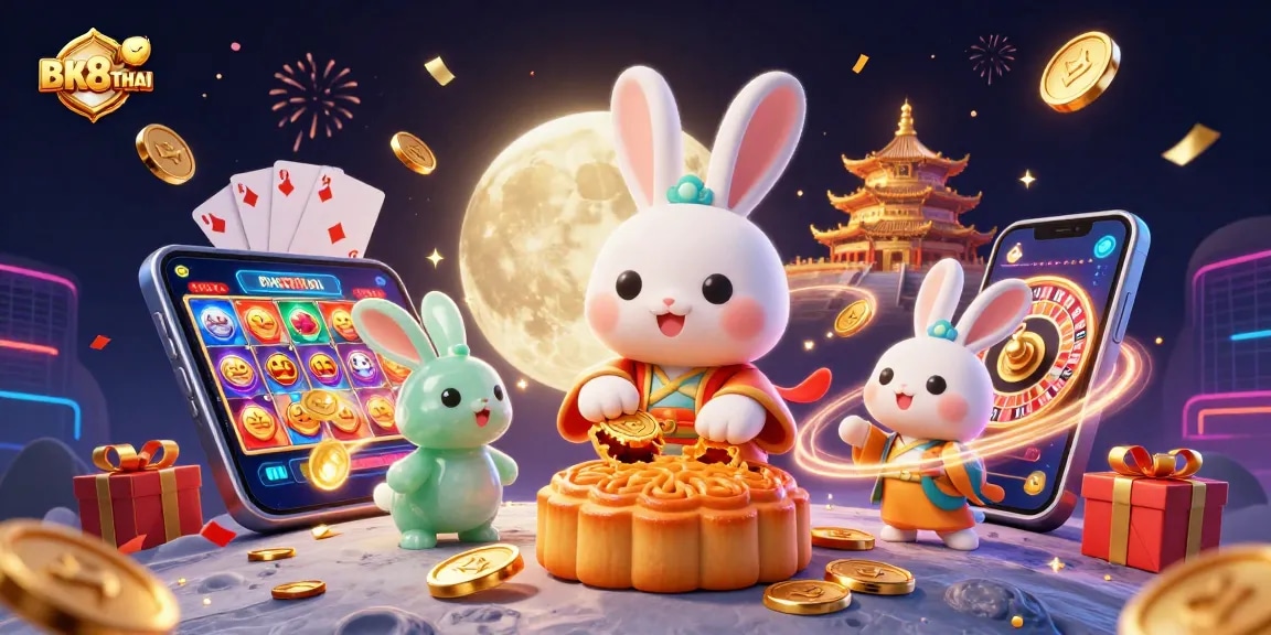 Experience BK8THAI with an enchanting 3D scene of a moon rabbit in a casino atmosphere.