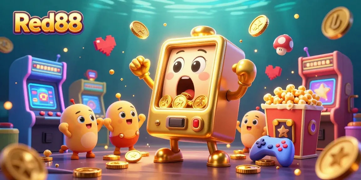 Red88 slot machine exuberantly celebrates a jackpot win, showered in coins amid a vibrant casino atmosphere.