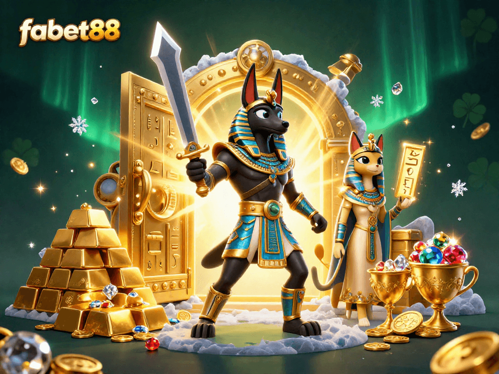 Experience thrilling wins at fabet88 with Anubis and Bastet in a visually stunning casino scene.