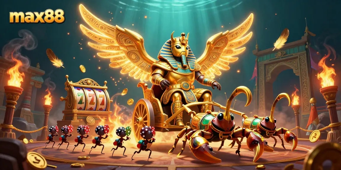 Experience the thrill of max88 with a dynamic 3D casino illustration featuring a golden scarab and betting elements.
