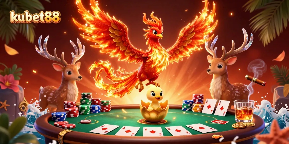 Engage with kubet88's thrilling atmosphere as a fire phoenix and a baby phoenix showcase the excitement of online gambling.
