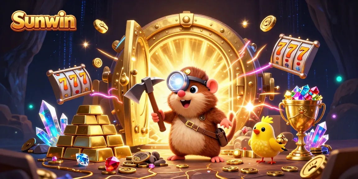 Engage in thrilling Sunwin gaming with a vibrant 3D casino illustration showcasing treasures and excitement.