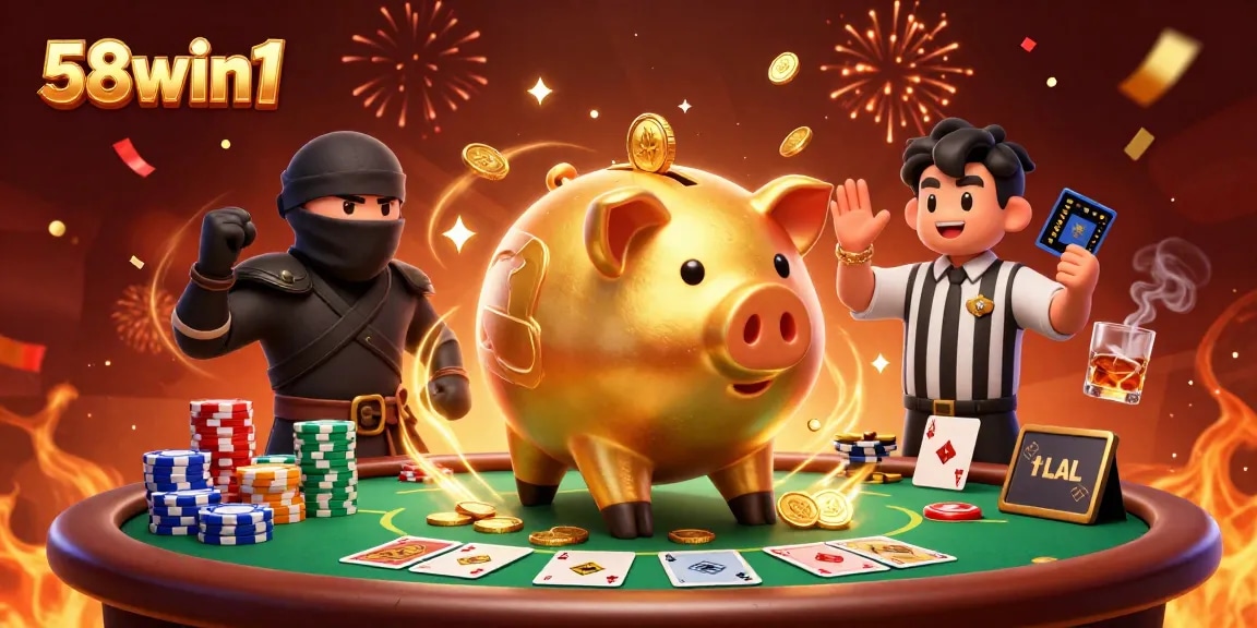 Engage in an exciting poker showdown with 58win1 as dynamic cartoon characters compete with poker chips and vibrant elements.