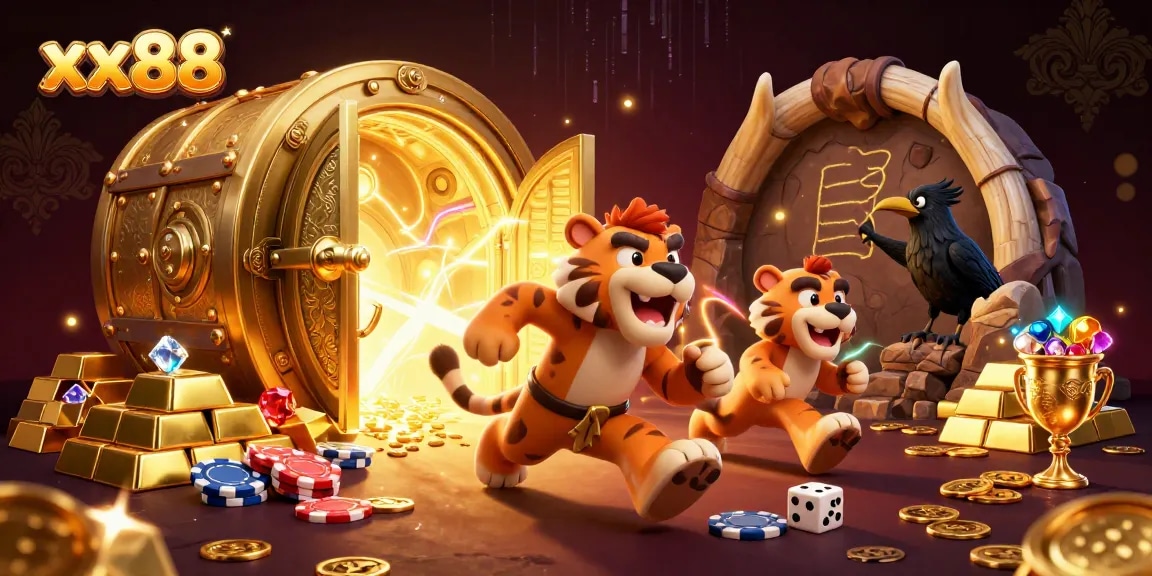 Experience the thrill of xx88 with engaging characters in a dynamic prehistoric casino scene.