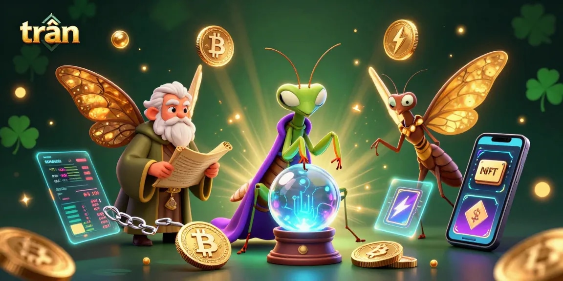 Engage with trần strategies using a mystical 3D casino illustration featuring a fortune teller and crypto elements.