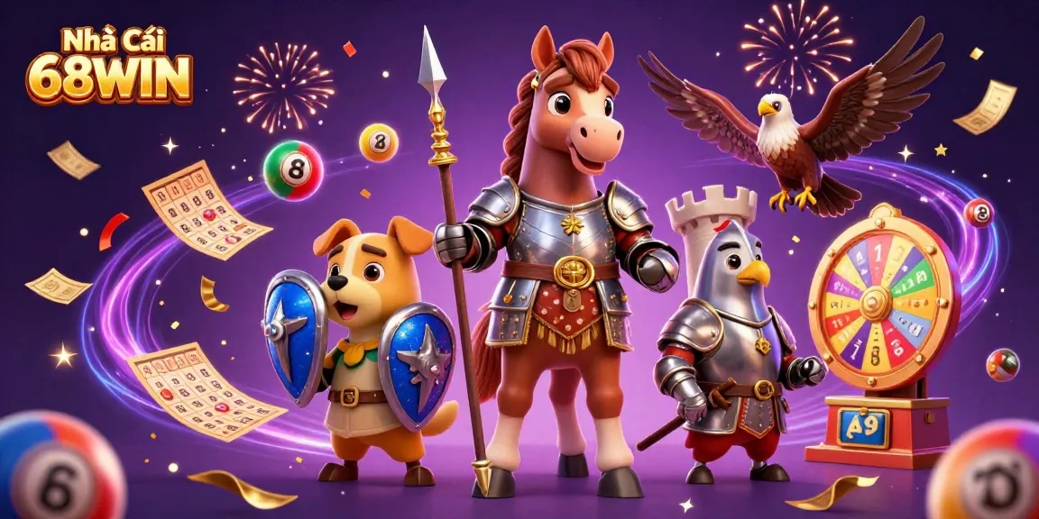 Experience the thrill of gaming with Nhà Cái 68WIN in this vibrant, dynamic casino illustration.