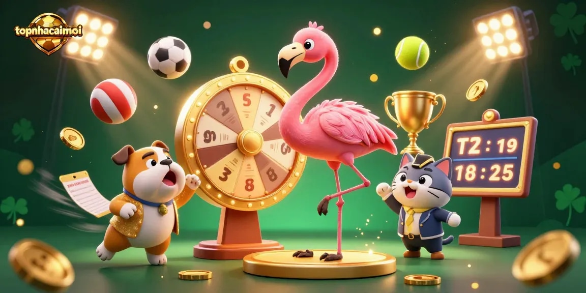 Engage with topnhacaimoi by spinning prizes with animated casino characters in a vibrant scene.