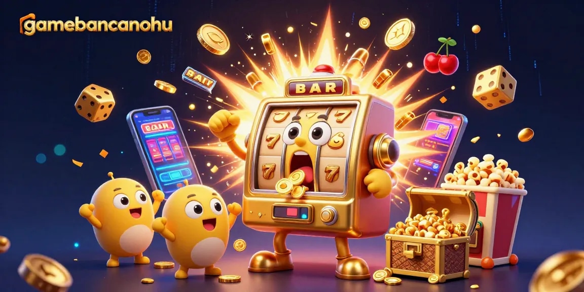 gamebancanohu slots burst with golden coins in a lively casino scene
