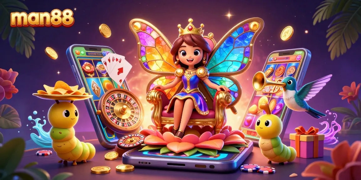 Experience thrilling gaming at man88 with a vibrant 3D illustration showcasing engaging casino elements.