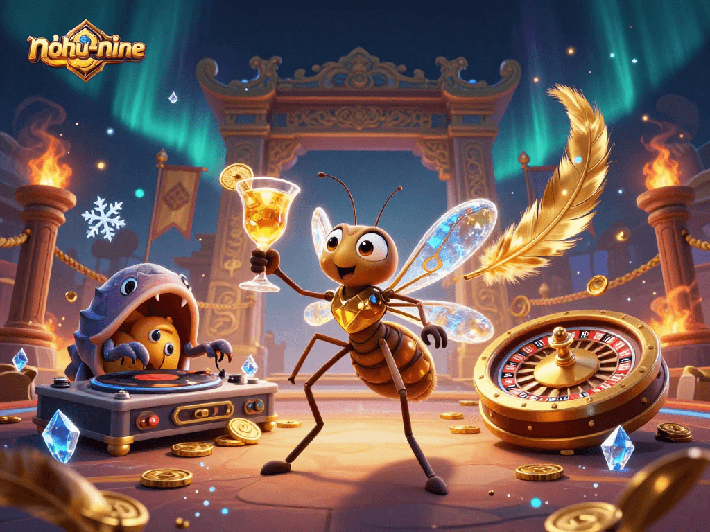 Experience thrilling gameplay with nohu-nine through a lively casino-themed illustration featuring unique characters.
