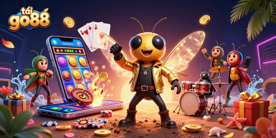 Tải go88 and win big with a vibrant 3D casino-themed illustration featuring a rock star cicada and dynamic game elements.