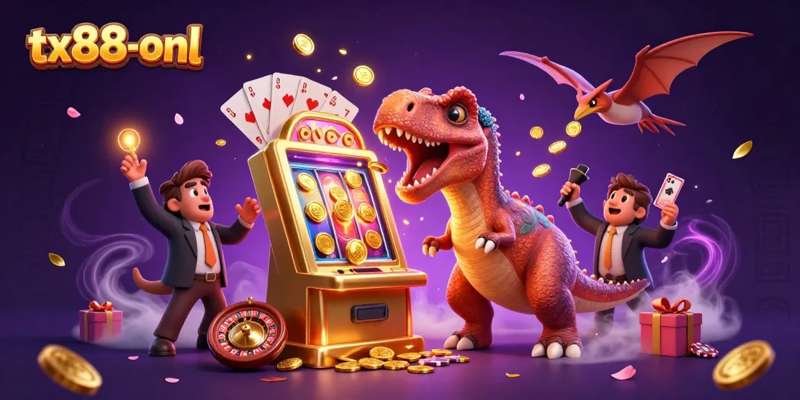 tx88-onl players enjoy jackpots as cartoon dinosaurs interact with casino elements.
