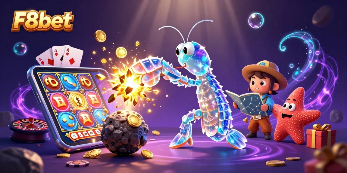 Experience the thrill of F8bet with a dynamic scene featuring vibrant casino games and characters.