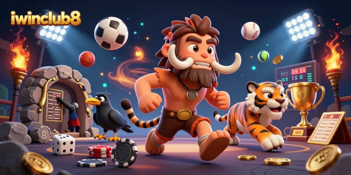 Play and win at iwinclub8's vibrant prehistoric casino, featuring lively characters and sports excitement.