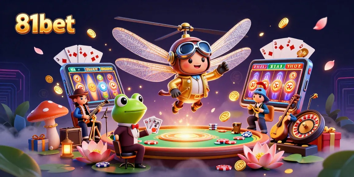 Play exciting games at 81bet while enjoying the stunning visual illustration of a vibrant casino scene.