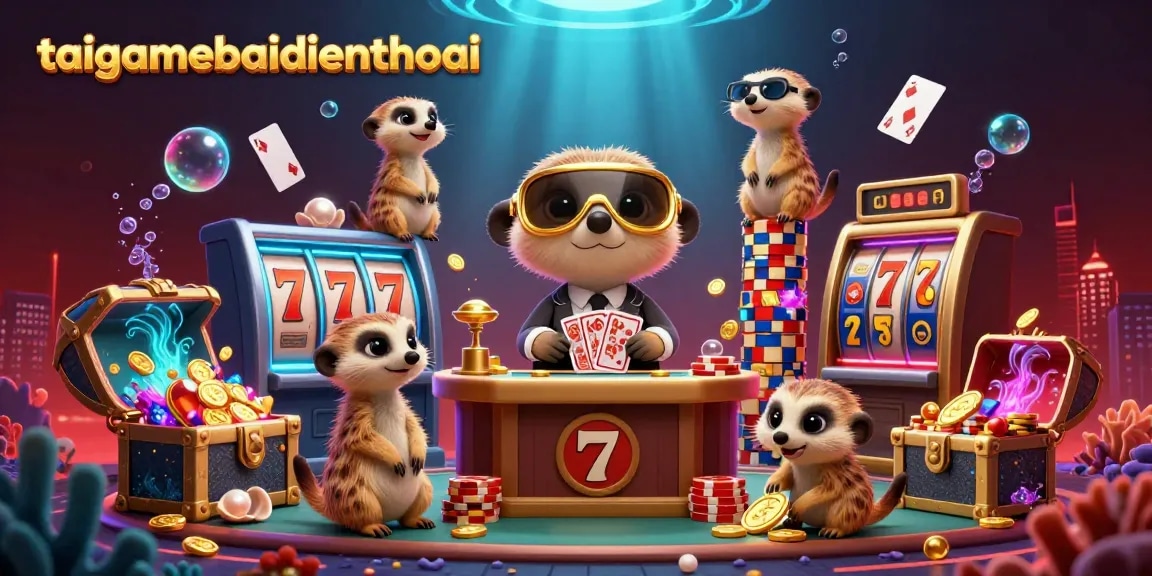 Engage in thrilling gameplay at taigamebaidienthoai with meerkats overseeing dynamic slots and vibrant winning elements.
