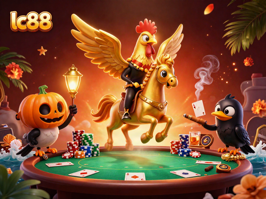 Experience the dynamic lc88 casino scene with golden rooster and candle-carrying crows.