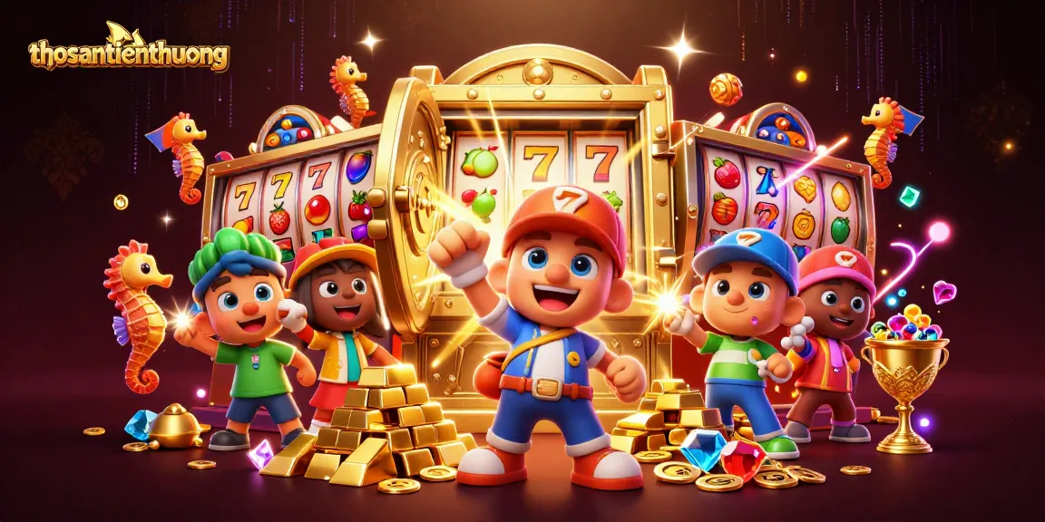 Win big with thosantienthuong at a vibrant slot machine surrounded by sparkling treasures!