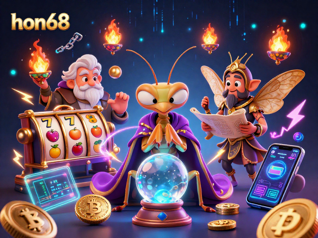Experience the thrill of hon68 with dynamic symbols and enchanting characters in a vibrant casino scene.