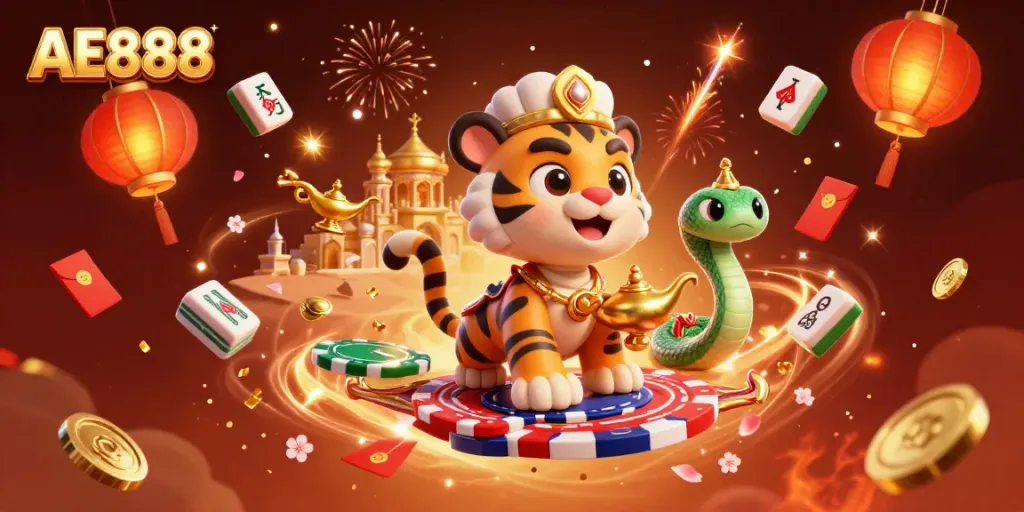 Experience the thrill of AE888 with a vibrant 3D scene showcasing a tiger sultan and magical elements.