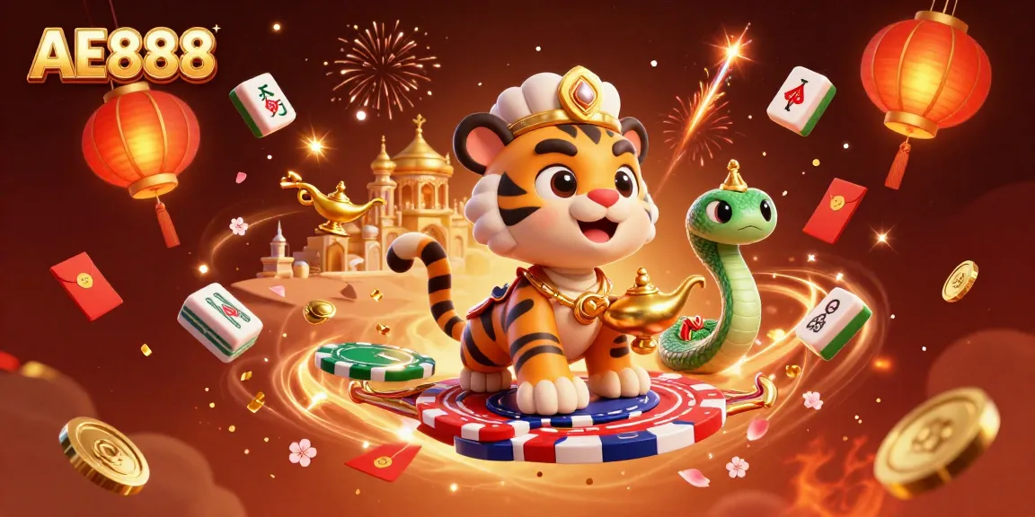 Experience the thrill of AE888 with a vibrant 3D scene showcasing a tiger sultan and magical elements.