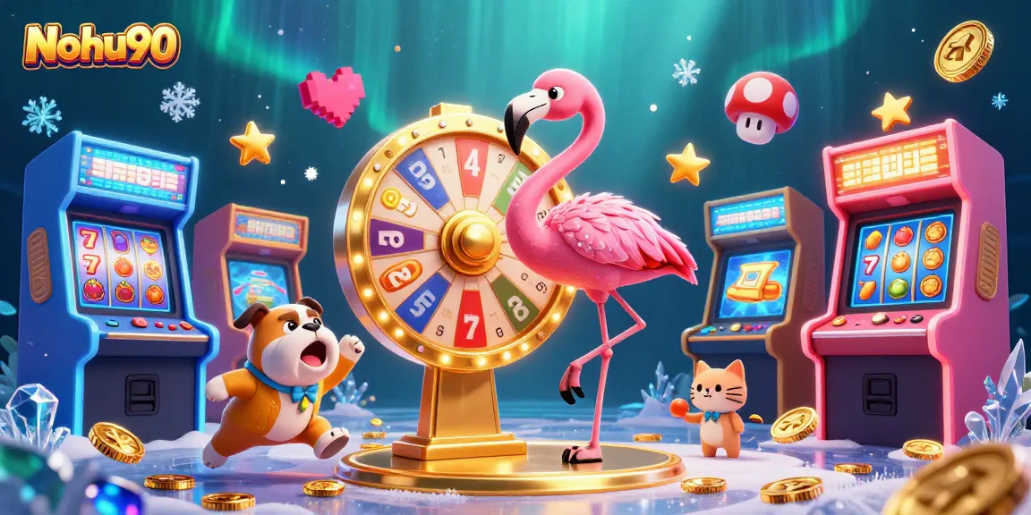 Nohu90 showcases exciting casino moments with a vibrant game show scene featuring characters and gaming elements.