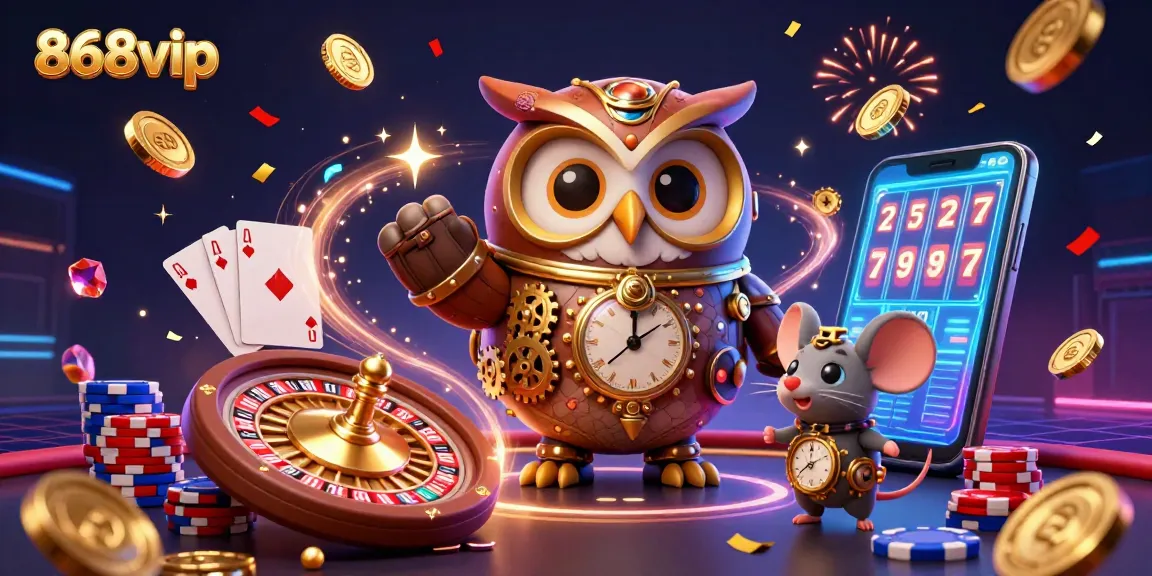 Experience thrilling wins at 868vip with our vibrant 3D casino scene featuring a time-traveling owl and poker elements.