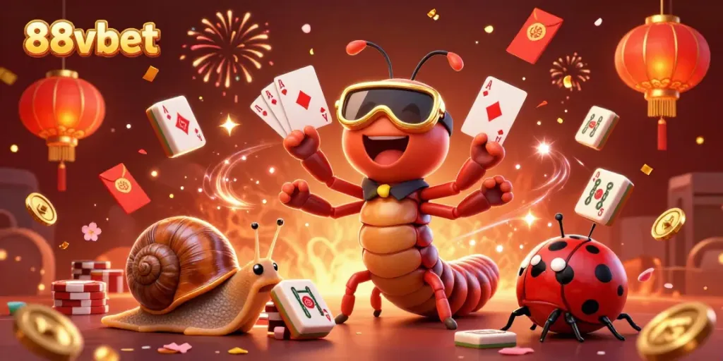 Experience the excitement of 88vbet with vibrant 3D illustrations of a millipede dealer and game elements in action.