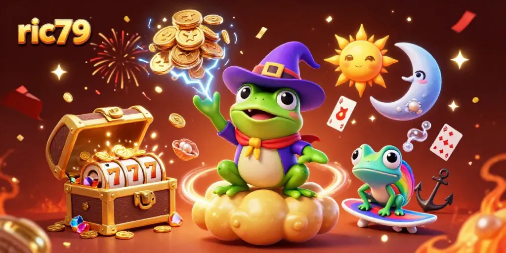 Visualize ric79's vibrant online casino experience marked by a weather wizard frog and rainbow chameleon