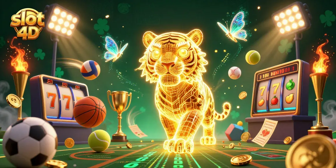 Experience slot 4D action in this dynamic 3D casino illustration featuring golden tiger and vibrant game elements.