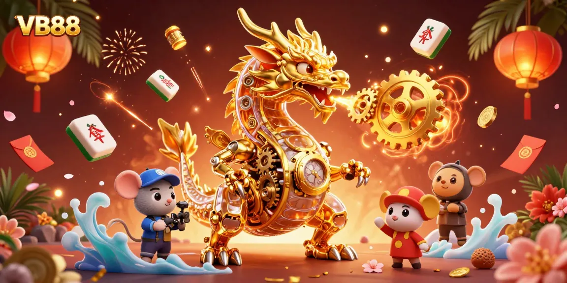 Engage with VB88, featuring golden dragon and dynamic casino elements in an exciting 3D illustration.