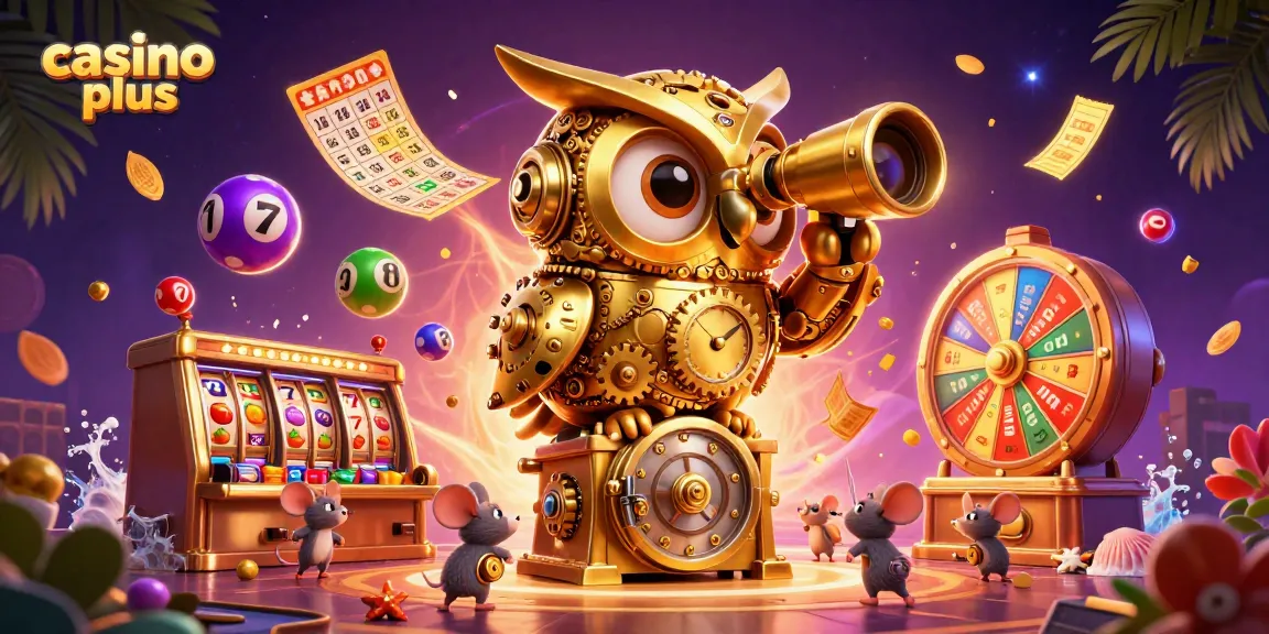 Experience thrilling action at Casino Plus with a vibrant scene featuring a golden owl and animated characters.