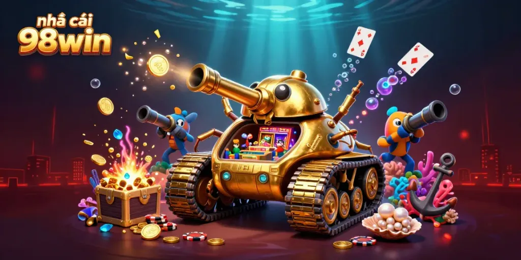 Experience the excitement of nhà cái 98win with this vibrant 3D illustration of a unique casino environment.